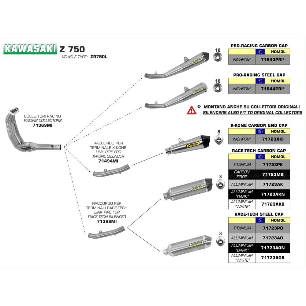ARROW 71723XKI Silencer :- X-KONE NICHROM SLV W CBN E/C - KA Z750/800 07>16 1