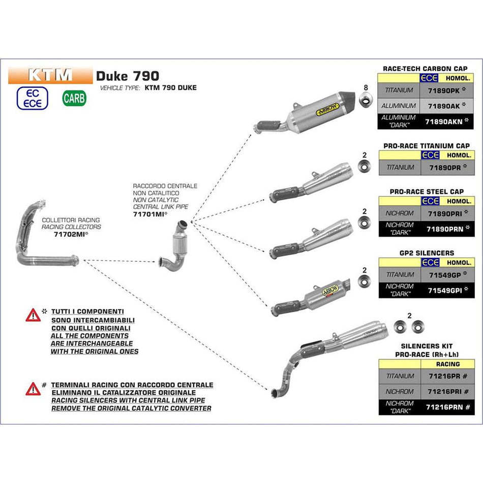 ARROW Silencer 71216PRI [AOE]: PRO-RACE L&R NIC SLV W STL E/C - KTM DUKE 790 /890 2