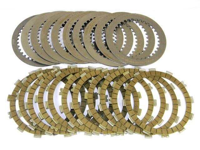 Race clutch plate kit with 11 aluminum friction discs and 10 steel driven discs for high-performance motorcycles.